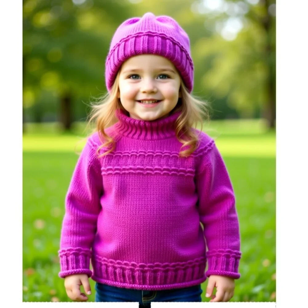 Hand-knit Sweater Set for Little Girl 2 toddler - Pink hat & Sweater (E40)